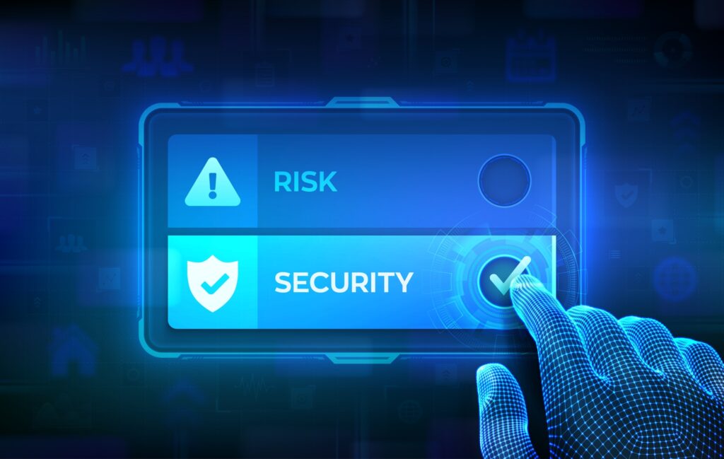 A glowing cyber hand against a glowing blue background clicks the button marked security, not the button marked risk.
